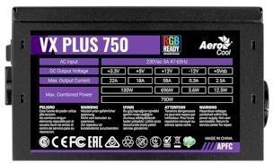 Блок питания, Aerocool, VX PLUS 750 RGB, 750W, ATX, APFC, Вентилятор 12 см, VX Plus 750 RGB